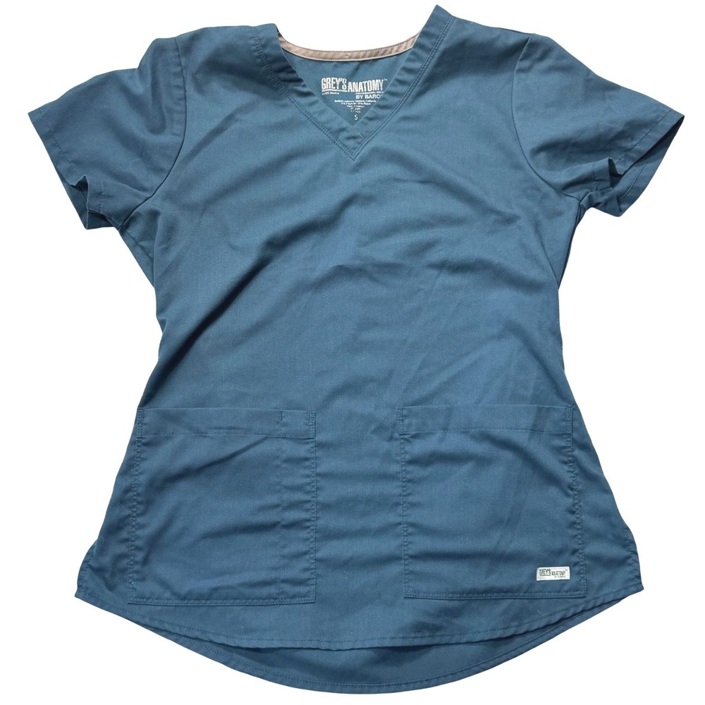 Greys Anatomy by Barco Scrub Top Womens Small Teal Blue V-Neck Smocked Back EUC